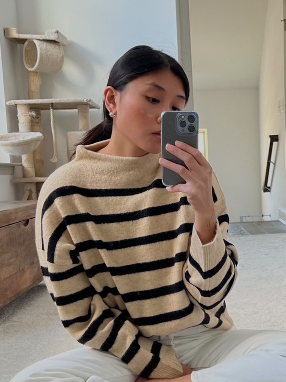 Mango Striped Beige and Black Cozy Knit Sweater